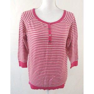 Columbia Womens Sweater Top Large Pink Striped Cotton Linen Blend 3/4 Sleeves